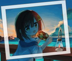 Rule 34 | 1girl, :d, blue sky, brown eyes, brown hair, cloud, commentary request, dress, food, hair between eyes, hair ornament, holding, holding food, hood, hood down, horizon, lantern, looking at viewer, looking to the side, ocean, open mouth, original, outdoors, railing, sandwich, sky, smile, solo, sunrise, water, white dress, wide sleeves, yuuhagi (amaretto-no-natsu)