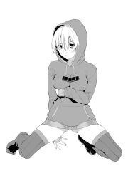 Rule 34 | 1girl, ass, breast hold, breasts, greyscale, highres, hikapan, hood, hoodie, kneeling, looking at viewer, monochrome, no shoes, open mouth, original, saeki shun, simple background, solo, thighhighs, tosh (imonade ryouchou)