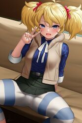 Rule 34 | 1girl, :d, ahoge, belt, black skirt, blonde hair, blue eyes, blue shirt, blush, bow, breasts, calenda (kemono friends), commentary, deku suke, fang, hair between eyes, hair bow, highres, kemono friends, looking at viewer, medium breasts, open mouth, pleated skirt, red bow, shirt, short hair, signature, sitting, skirt, smile, solo, spread legs, striped leggings, twintails, v, vest