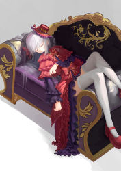 Rule 34 | 10s, 1girl, dress, closed eyes, hat, highres, k-project, kushina anna, liuliyu, lolita fashion, long hair, parted lips, red dress, silver hair, sleeping, solo, thighhighs, white thighhighs