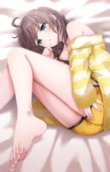 Rule 34 | 1girl, absurdres, ahoge, aqua eyes, bare shoulders, barefoot, black tank top, blush, brown hair, commentary, finger to mouth, fingernails, hanazome uta, highres, hololive, jacket, knees together feet apart, knees up, long sleeves, lying, natsuiro matsuri, natsuiro matsuri (matsuri&#039;s day off), off shoulder, official alternate costume, on bed, on side, short hair, short shorts, shorts, sleeves past wrists, solo, striped clothes, striped jacket, tank top, thighs, toenails, toes, virtual youtuber, yellow jacket, yellow shorts