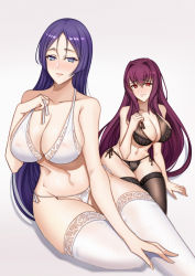 Rule 34 | 1girl, 2girls, absurdres, bare shoulders, black panties, black thighhighs, blush, bra, breasts, cleavage, collarbone, fate/grand order, fate (series), highres, large breasts, long hair, looking at viewer, manna (pixiv8805037), minamoto no raikou (fate), multiple girls, navel, panties, parted bangs, purple eyes, purple hair, red eyes, scathach (fate), smile, thighhighs, thighs, underwear, very long hair, white thighhighs