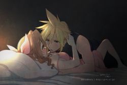 Rule 34 | 1boy, 1girl, aerith gainsborough, bare arms, barefoot, bed sheet, blonde hair, blush, breasts, brown hair, cloud strife, couple, dated, dress, final fantasy, final fantasy vii, final fantasy vii remake, full body, hair between eyes, hair ribbon, hand in another&#039;s hair, hetero, krudears, looking at another, medium breasts, mouth hold, pillow, pink dress, pink ribbon, ribbon, ribbon in mouth, sidelocks, sleeveless, sleeveless turtleneck, spiked hair, strap slip, turtleneck, twitter username, watermark, wavy hair, web address