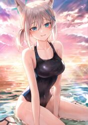 Rule 34 | 1girl, 723/nanahumi, animal ear fluff, animal ears, blue archive, blue eyes, blush, breasts, competition swimsuit, covered navel, cross hair ornament, extra ears, grey hair, hair ornament, halo, highres, looking at viewer, medium breasts, medium hair, mismatched pupils, multicolored clothes, ocean, official alternate costume, one-piece swimsuit, outdoors, ponytail, sandals, shiroko (blue archive), shiroko (swimsuit) (blue archive), sitting, smile, solo, swimsuit, wariza, wet, wolf ears