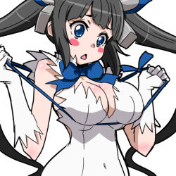 Rule 34 | 1girl, black hair, blue eyes, blue ribbon, blush, breasts, cleavage, cleavage cutout, clothing cutout, commentary request, dress, dungeon ni deai wo motomeru no wa machigatteiru darou ka, gloves, hair ornament, hair ribbon, hestia (danmachi), large breasts, long hair, open mouth, rei no himo, ribbon, simple background, solo, twintails, white background, white dress, white gloves, yazwo