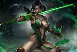 Rule 34 | 1girl, armpits, artist name, bare shoulders, black gloves, black hair, breasts, breasts apart, bright pupils, center opening, chain, collarbone, colored skin, dandon fuga, fighting stance, fingerless gloves, floating hair, gloves, green leotard, green ribbon, grey skin, holding, holding weapon, jade (mortal kombat), large breasts, legs apart, leotard, long hair, looking at viewer, mortal kombat (series), navel, o-ring, paid reward available, red eyes, ribbon, solo, thighhighs, toned, two-tone leotard, weapon, white pupils