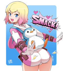 Rule 34 | 1girl, animification, ass, backpack, bag, blue eyes, bowieknife, breasts, character backpack, cropped legs, gwenpool, heart, hooded leotard, leotard, looking back, marvel, multicolored hair, multicolored leotard, short hair, smile, sound effects, spanked, spanking, spanking self, superhero costume, thighs, two-tone hair