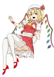 Rule 34 | 1girl, ascot, blonde hair, bow, breasts, collared shirt, commentary request, flandre scarlet, full body, garter straps, gem, hand on own chest, hat, hat bow, high heels, highres, kakone, layered skirt, looking at viewer, mob cap, one side up, open mouth, plantar flexion, puffy short sleeves, puffy sleeves, red bow, red eyes, red footwear, red skirt, red vest, sash, shirt, shoes, short hair, short sleeves, simple background, skirt, slit pupils, small breasts, solo, teeth, thighhighs, thighs, tongue, touhou, vest, white background, white shirt, white thighhighs, wing collar, wings, yellow ascot