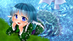 Rule 34 | 1girl, blue eyes, blue hair, elbow rest, fingernails, fins, floral print, grass, head fins, head rest, highres, japanese clothes, kimono, looking at viewer, matching hair/eyes, mermaid, monster girl, namino., obi, open mouth, partially submerged, ripples, sash, short hair, solo, touhou, wakasagihime, water