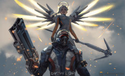 Rule 34 | 1boy, 1girl, ahoge, angel wings, armor, armored dress, artist name, belt, bodysuit, breasts, cloud, cloudy sky, copyright name, energy, energy wings, eyebrows, eyelashes, fire, gloves, glowing, grey eyes, grey gloves, grey hair, gun, handgun, holding, holding weapon, lips, lipstick, logo, long hair, makeup, mask, mask on head, mechanical wings, mercy (overwatch), outdoors, outstretched arms, overwatch, overwatch 1, red lips, short hair, sky, soldier, soldier: 76 (overwatch), sparks, standing, weapon, wings, wlop