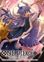 Rule 34 | 1girl, ahoge, blue hair, blue skirt, cape, commentary request, copyright name, floating clothes, floating hair, fur-trimmed cape, fur trim, high-waist skirt, holding, holding weapon, horns, long hair, long sleeves, mask, mouth mask, official art, one piece, one piece card game, pebble, pink hair, red eyes, skirt, smoke, solo, tsurugi hagane, ulti (one piece), weapon, white horns