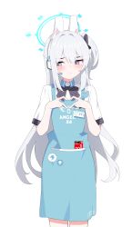 Rule 34 | 1girl, absurdres, angel&#039;s 24 uniform (blue archive), animal ears, apron, averting eyes, badge, black bow, black bowtie, blue apron, blue archive, blush, bow, bowtie, condom box, fake animal ears, grey hair, halo, headset, heart, heart hands, highres, long hair, miyako (blue archive), name tag, nord (expc4752), official alternate costume, okamoto condoms, one side up, purple eyes, rabbit ears, shirt, short sleeves, simple background, solo, striped bow, striped bowtie, striped clothes, very long hair, white background, white shirt