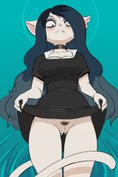 Rule 34 | 1girl, :d, absurdres, black dress, black eyes, black hair, blue eyeshadow, blue hair, breasts, claire (the summoning), cleft of venus, collared dress, dress, eyeshadow, facial mark, fangs, female pubic hair, full body, furry, furry female, gekasso, goth fashion, highres, long hair, makeup, multicolored hair, open mouth, pale skin, pentagram, pointy ears, pubic hair, pussy, short eyebrows, short sleeves, smile, solo, tail, the summoning, third-party edit, uncensored, upskirt, very long hair