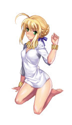 Rule 34 | 1girl, ahoge, artoria pendragon (all), artoria pendragon (fate), bad id, bad pixiv id, barefoot, blonde hair, bottomless, bracelet, cosplay, fate/zero, fate (series), gilgamesh (fate), gilgamesh (fate) (cosplay), green eyes, hair ribbon, jewelry, maccyman, naked shirt, necklace, official alternate costume, ribbon, saber (fate), shirt, solo