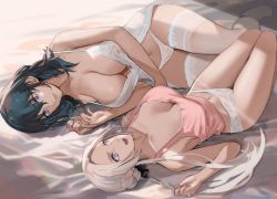 Rule 34 | 2girls, babydoll, bare legs, bare shoulders, blue eyes, blue hair, breasts, byleth (female) (fire emblem), byleth (fire emblem), camisole, cleavage, edelgard von hresvelg, fire emblem, fire emblem: three houses, fire emblem warriors: three hopes, forehead, j@ck, lace, lace-trimmed legwear, lace trim, large breasts, lingerie, long hair, lying, medium breasts, medium hair, multiple girls, navel, nintendo, on back, on bed, on side, open mouth, panties, parted bangs, pink camisole, purple eyes, smile, thighhighs, thighs, underwear, white hair, white legwear, white panties