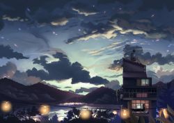 Rule 34 | 1girl, ambiguous gender, bed, black hair, blue sky, building, choc0 (oda0208), cloud, facing away, female focus, from side, hand fan, highres, lake, monitor, mountain, night, night sky, on roof, original, outdoors, plant, scenery, school uniform, shorts, sitting, sky, solo, string of light bulbs, tree, water, weather vane, window