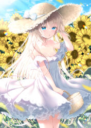 Rule 34 | 1girl, :o, arm up, bare shoulders, basket, blonde hair, blue eyes, blue sky, bow, breasts, cloud, collarbone, commentary request, day, dress, flower, hair between eyes, hat, hat bow, holding, holding basket, indie virtual youtuber, off-shoulder dress, off shoulder, outdoors, parted lips, petals, sky, small breasts, solo, straw hat, sunflower, uchuuneko, uchuuneko (vtuber), virtual youtuber, white bow, white dress, yellow flower