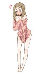 Rule 34 | 1girl, bare shoulders, barefoot, blue eyes, blush, bottomless, brown hair, chibikko (morihito), covering privates, covering crotch, eyebrows, morihito, naked sweater, no pants, original, simple background, solo, sweater, tears, thick eyebrows