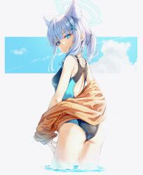 Rule 34 | 1girl, absurdres, animal ear fluff, animal ears, ass, blue archive, blue eyes, blue sky, blunt bangs, breasts, cloud, commentary request, competition swimsuit, cross hair ornament, day, grey background, hair ornament, highres, looking at viewer, m.tokotsu, medium breasts, official alternate costume, one-piece swimsuit, shiroko (blue archive), shiroko (swimsuit) (blue archive), short hair, simple background, sky, solo, swimsuit, twintails, white hair