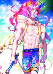 Rule 34 | 1boy, abs, ahoge, animal print, banana, bead bracelet, beads, belt, blue shorts, blue sky, bracelet, caspiel (megido72), chain, commentary request, cowboy shot, facepaint, fish print, floral print, flower, food, food in mouth, fruit, gold trim, grapes, hair flower, hair ornament, heterochromia, hibiscus, high ponytail, holding, holding chain, holding weapon, jacket, jewelry, light particles, light rays, long hair, looking at viewer, male focus, megido72, multicolored hair, navel, necklace, orange eyes, oyatsu (hana), palm leaf, pink hair, popsicle, popsicle in mouth, purple hair, shorts, sky, sleeveless, sleeveless jacket, solo, summer, toned, toned male, two-tone hair, walking, watermelon, watermelon slice, weapon, white jacket, yellow eyes