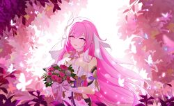 Rule 34 | 1girl, absurdres, bare shoulders, bouquet, bow, breasts, bug, butterfly, commentary request, day, dress, elysia (herrscher of human:ego) (honkai impact), elysia (honkai impact), flower, gloves, grey flower, grey rose, hh long, highres, holding, holding bouquet, honkai (series), honkai impact 3rd, insect, long hair, looking at viewer, medium breasts, outdoors, parted lips, pink bow, pink eyes, pink flower, pink hair, pink rose, plant, rose, smile, solo, strapless, strapless dress, very long hair, white dress, white gloves
