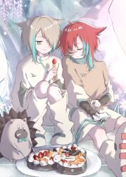 2023 2girls black_gloves cake closed_eyes colored_inner_hair fingerless_gloves food gloves green_eyes hedgehog highres meso_potamia multicolored_hair multiple_girls nira-chan red_hair shorts sitting two-tone_hair uniguri_(zutomayo) white_footwear white_hair white_shorts zutto_mayonaka_de_ii_no_ni