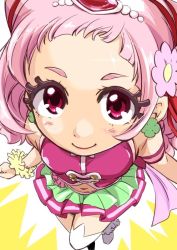 Rule 34 | 10s, 1girl, aura, bare shoulders, blush, commentary, cone hair bun, cure yell, earrings, eyelashes, flower, forehead, from above, hair bun, hair flower, hair ornament, hair ribbon, heart, hugtto! precure, jewelry, lipstick, long hair, looking at viewer, looking up, magical girl, makeup, naruse yasuhiro, navel, nono hana, pink eyes, pink hair, precure, ribbon, scrunchie, shoes, skirt, sleeveless, smile, solo, thighhighs, wrist scrunchie