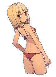 Rule 34 | 1girl, ass, bikini, blonde hair, blunt bangs, breasts, butt crack, closed mouth, commentary, cropped legs, everyntrge, highres, looking at viewer, looking to the side, median furrow, medium hair, orange eyes, original, red bikini, simple background, small breasts, solo, string bikini, swimsuit, wet, wet hair, white background