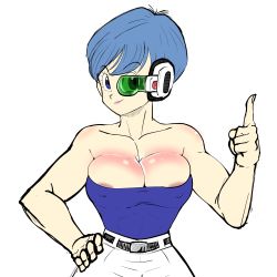 Rule 34 | 1girl, absurdres, areola slip, bare arms, bare shoulders, belt, black belt, blue eyes, blue hair, breasts, bulma, cleavage, closed mouth, collarbone, covered erect nipples, dragon ball, dragonball z, female focus, hand on own hip, hand up, highres, index finger raised, large breasts, looking at viewer, naughty face, neck, pink lips, pseudocel, scouter, short hair, simple background, smile, solo, source request, strapless, tube top, white background