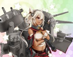 Rule 34 | 10s, 1girl, anchor, blonde hair, breasts, budget sarashi, cannon, cape, dark-skinned female, dark skin, glasses, gloves, headgear, hex grid, highres, honeycomb (pattern), honeycomb background, honeycomb pattern, kachayori, kantai collection, large breasts, musashi (kancolle), personification, pleated skirt, pointy hair, red eyes, sarashi, short hair, skirt, smile, solo, star (symbol), turret, twintails, two side up