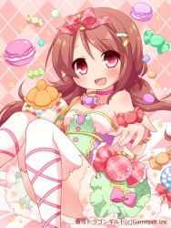 Rule 34 | 1girl, :d, argyle, argyle background, argyle clothes, bad id, bad pixiv id, blush, bow, brown hair, candy, choker, dragon guild, dress, food, hair bobbles, hair bow, hair ornament, holding, jewelry, long hair, looking at viewer, macaron, necklace, open mouth, pink hair, ribbon choker, ringo yuyu, smile, solo, soukyuu dragon guild, thighhighs, twintails, watermark, white thighhighs