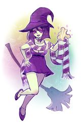 Rule 34 | 1girl, banjo-kazooie, black hair, black lips, breasts, broom, choker, cleavage, colored skin, dress, green skin, gruntilda winkybunion, hassysoda, hat, highres, lipstick, makeup, scarf, short hair, solo, witch hat