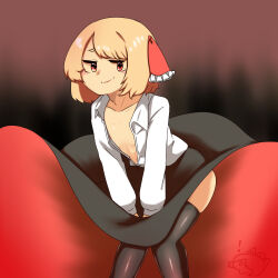 Rule 34 | !, 1girl, areola slip, black skirt, black thighhighs, blonde hair, blush, closed mouth, collared shirt, commentary request, feet out of frame, flat chest, hair ribbon, highres, knees together feet apart, kurodani yamame, long skirt, long sleeves, looking at viewer, no vest, open clothes, open shirt, red eyes, red ribbon, red skirt, ribbon, rinyamame, rumia, shirt, short hair, skirt, smile, smug, solo, standing, thighhighs, touhou, two-sided fabric, two-sided skirt, white shirt