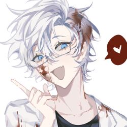 1boy absurdres black_background blood blood_in_hair blood_on_clothes blood_on_face blue_eyes chinese_commentary commentary_request glasses hair_between_eyes hand_up heart highres index_finger_raised jacket kanou_aogu male_focus open_clothes open_jacket open_mouth portrait rectangular_eyewear saibou_shinkyoku semi-rimless_eyewear short_hair simple_background smile solo speech_bubble spoken_heart white_background white_hair white_jacket wugu2172