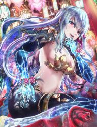 Rule 34 | 1girl, breasts, demon girl, earrings, fate/grand order, fate (series), flower, hair ribbon, hand on own hip, jewelry, kama (fate), kama (third ascension) (fate), large breasts, long hair, looking at viewer, lotus, navel, numataromomon, red eyes, revealing clothes, ribbon, sitting, very long hair, white hair