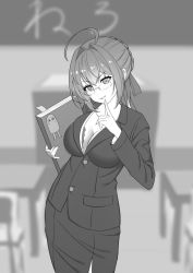 Rule 34 | 1girl, absurdres, ahoge, book, braid, breasts, classroom, cleavage, fate/grand order, fate (series), fingernails, formal, glasses, greyscale, hair ribbon, highres, holding, holding book, kensei (ciid), large breasts, looking at viewer, monochrome, nero claudius (fate), nero claudius (fate) (all), open clothes, ribbon, sharp fingernails, skirt, solo, suit, teacher