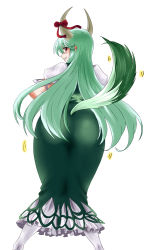 Rule 34 | 1girl, ass, clothing cutout, ex-keine, female focus, frills, from behind, green hair, grin, horns, kamishirasawa keine, long hair, looking back, ooike teru, red eyes, ribbon, smile, solo, tail, tail through clothes, touhou