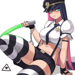 Rule 34 | 1girl, arm strap, arm support, belt, belt buckle, black belt, black footwear, black gloves, black hat, black nails, black shorts, blunt bangs, boots, breasts, buckle, collared shirt, commentary, crop top, cuffs, donburi (donburikazoku), english commentary, fingerless gloves, gloves, green eyes, handcuffs, hat, highres, holding, knee up, large breasts, licking lips, long hair, looking at viewer, multicolored hair, nail polish, navel, necktie, panty &amp; stocking with garterbelt, pink hair, police hat, puffy short sleeves, puffy sleeves, shadow, shirt, short shorts, short sleeves, shorts, simple background, sitting, solo, stocking (psg), striped clothes, striped thighhighs, suspenders, thighhighs, thighs, tongue, tongue out, two-tone hair, white background, white shirt
