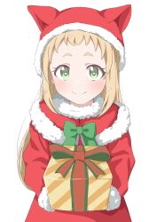 Rule 34 | 1girl, absurdres, blonde hair, blush, bow, christmas, closed mouth, crust gm0, dot nose, gift, green eyes, hat, highres, holding, holding present, inose mai, koisuru asteroid, long hair, looking at viewer, santa costume, santa hat, simple background, smile, solo, white background