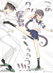 Rule 34 | 1boy, 1girl, admiral (kancolle), akebono (kancolle), anchor symbol, bell, black socks, blue sailor collar, blue skirt, commentary request, flower, grey eyes, grey hair, hair bell, hair flower, hair ornament, high kick, jingle bell, kantai collection, kicking, kujira naoto, long hair, military, military uniform, naval uniform, panties, pleated skirt, sailor collar, school uniform, serafuku, shitty admiral (phrase), short sleeves, side ponytail, simple background, skirt, slippers, socks, striped clothes, striped panties, underwear, uniform, very long hair, white background, white panties
