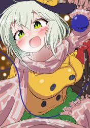 Rule 34 | 1girl, :d, absurdres, adapted costume, blurry, blush, bokeh, breasts, breath, depth of field, green eyes, happy, hat, highres, komeiji koishi, large breasts, light green hair, mittens, nose blush, open mouth, polyhedron2, scarf, short hair, smile, solo, third eye, touhou, winter clothes