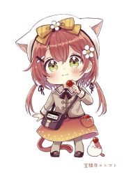 Rule 34 | 1girl, :i, animal, animal ears, animal hat, bag, beret, black bow, black footwear, blush, bow, cat, cat ears, cat hat, cat tail, closed mouth, collared shirt, commentary request, diagonal-striped bow, eating, fake animal ears, flower, food, full body, green eyes, grey pantyhose, grey shirt, hair between eyes, hair flower, hair ornament, hairclip, hat, highres, holding, holding food, long hair, long sleeves, looking at viewer, original, pantyhose, red hair, red skirt, sakura oriko, shirt, shoes, shoulder bag, simple background, skirt, solo, standing, tail, translation request, two side up, very long hair, wavy hair, white background, white flower, white hat, x hair ornament, yellow bow