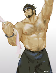 Rule 34 | 1boy, abs, absurdres, amaimochi, arm up, armpits, bara, beard, black hair, chest hair, facial hair, feet out of frame, forehead protector, highres, large pectorals, looking up, male focus, mature male, muscular, muscular male, naruto (series), naruto shippuuden, navel, navel hair, nipples, pectorals, sarutobi asuma, short hair, solo, standing, stomach, topless male, unfinished