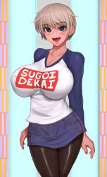 Rule 34 | 1girl, absurdres, blue eyes, breasts, commentary, covered erect nipples, denim, denim shorts, fang, gradient background, highres, huge breasts, looking at viewer, open mouth, puffy nipples, raglan sleeves, randy (awesomevillage), see-through, short hair, short shorts, shorts, silver hair, simple background, smile, solo, standing, sugoi dekai, uzaki-chan wa asobitai!, uzaki hana