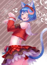 Rule 34 | 1girl, absurdres, animal ears, ass, blue eyes, blue hair, cat ears, cat tail, crescent, crescent hair ornament, hair ornament, highres, looking at viewer, midriff, one eye closed, open mouth, panties, paw pose, pointy ears, red panties, rena lanford, short hair, skirt, smile, solo, star ocean, star ocean anamnesis, star ocean the second story, tail, underwear, yu mochi (kamiinu)