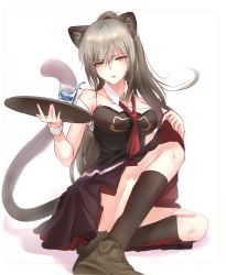 Rule 34 | 1girl, alternate costume, animal ears, arknights, black dress, breasts, cat ears, cat tail, commentary request, cup, detached collar, dress, drinking glass, female focus, grey footwear, grey hair, highres, holding, holding tray, kneehighs, large breasts, long hair, looking at viewer, parted lips, schwarz (arknights), shoes, short dress, simple background, sitting, socks, solo, star (stars027), strapless, strapless dress, tail, tray, very long hair, white background, wrist cuffs, yellow eyes