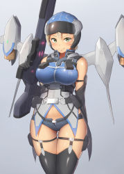 Rule 34 | 1girl, blonde hair, breasts, commentary, earth defense force, elbow gloves, gloves, helmet, highres, jetpack, large breasts, looking at viewer, maku ro, over shoulder, short shorts, shorts, simple background, skindentation, sleeveless, solo, thighhighs, weapon, weapon over shoulder, wing diver, yellow eyes