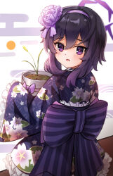 Rule 34 | :d, black hair, black scarf, blue archive, blunt bangs, commentary request, flower, flower pot, hair between eyes, hair flower, hair ornament, hairband, hairclip, halo, haruka (blue archive), haruka (new year) (blue archive), highres, holding, holding flower pot, japanese clothes, lolita fashion, long hair, long sleeves, looking at viewer, multiple girls, new year, official alternate costume, ohbuya, open mouth, plant, potted plant, purple eyes, scarf, short hair, short hair with long locks, sidelocks, simple background, smile, translation request, v, wa lolita, wide sleeves
