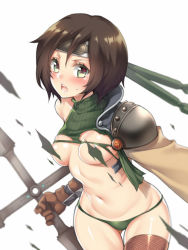 Rule 34 | 1990s (style), 1girl, :o, areola slip, armor, bad id, bad pixiv id, bare shoulders, black hair, blurry, blush, breasts, breasts out, brown eyes, brown gloves, brown hair, convenient censoring, cowboy shot, depth of field, final fantasy, final fantasy vii, fingerless gloves, fishnet thighhighs, fishnets, fuya (tempupupu), gloves, green eyes, green panties, halterneck, headband, hip focus, holding, holding weapon, huge weapon, looking at viewer, navel, ninja, no bra, no pants, open mouth, panties, pauldrons, retro artstyle, ribbed sweater, shiny skin, short hair, shoulder armor, shuriken, simple background, single thighhigh, skindentation, sleeveless, sleeveless turtleneck, small breasts, solo, surprised, sweatdrop, sweater, thigh gap, thighhighs, torn clothes, turtleneck, underwear, weapon, white background, yuffie kisaragi