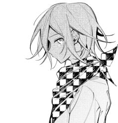 Rule 34 | 1boy, bad id, bad twitter id, checkered clothes, checkered neckwear, checkered scarf, closed mouth, commentary request, danganronpa (series), danganronpa v3: killing harmony, from side, greyscale, hambagseu, jacket, looking at viewer, looking to the side, male focus, monochrome, oma kokichi, profile, scarf, short hair, solo, tearing up, upper body